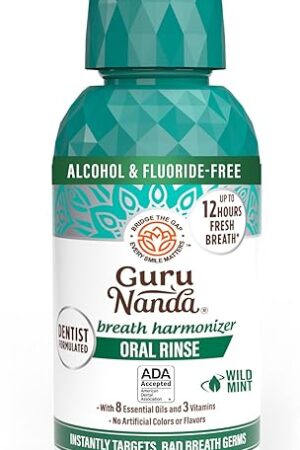 GuruNanda Fresh Breath Mouthwash, ADA-Accepted, Alcohol & Fluoride-Free, Sodium Chlorite, Essential Oils & Vitamins, 12-Hrs Fresh Breath, Wild Mint, 16 oz