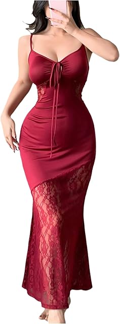 Women's Sexy Lace Nightgown Spaghetti Strap Long Slip Dress Fishtail Nightdress Chemise