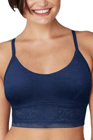 All-Over Lace Longline Wirefree Crop Tank Top Style Bralette Sexy Underwear for Women, Navy, Medium