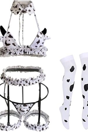 Cow Women Anime Milk Cosplay Costume Bikini Kawaii Bra and Panty Garter Belt Lingerie Set White Stocking (White)