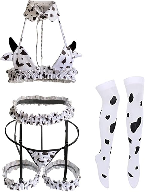 Cow Women Anime Milk Cosplay Costume Bikini Kawaii Bra and Panty Garter Belt Lingerie Set White Stocking (White)