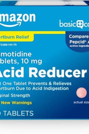 Amazon Basic Care Original Strength Famotidine Tablets, 10 mg, Acid Reducer, Heartburn Medicine, Acid Indigestion Relief, 90 Count