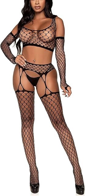 Women's Lingerie Set Fishnet Partywear BobyStocking Tight Hollow Out Hand Stocking+Net Garter + Top Outfits