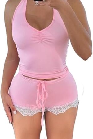 Women Valentine's Day 2 Piece Pajama Set Sleeveless Lace Trim Crop Cami Top and Shorts Sleepwear