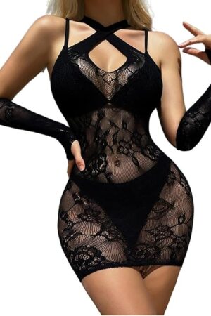Womens Babydoll Lingerie Set Neckwear Fishnet Babydoll Bodysuit Sexy Minidress Set