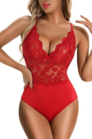 Womens Sexy Lingerie Bodysuit Floral Lace Teddy Lingerie Snap Crotch One Piece Stitching Exotic Babydoll