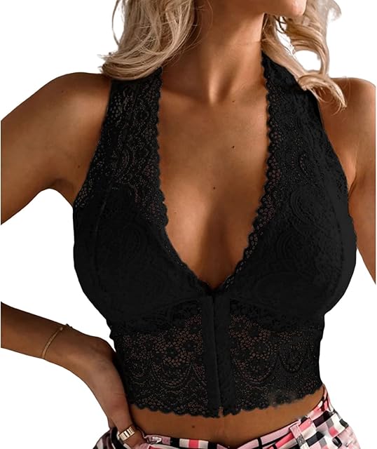 Women Floral Lace Bra Padded Deep V Breathable Bralette Wireless Halter Bra Soft Wire Free Sexy Racerback Underwear