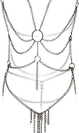 Women's Cross Enticing Tassel Body Link Harness Metal Chain Tassels Lingerie Set