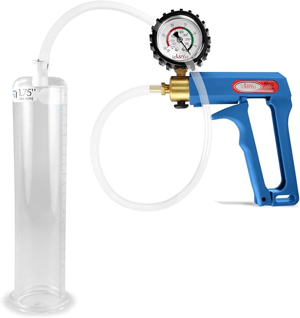 LeLuv Penis Pump Maxi Blue Handle + Protected Gauge and Clear Hose - 9 inch Length x 1.75 inch Diameter Cylinder