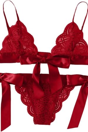 Women's Sexy Lingerie Set Floral Lace Scalloped Trim Self Tie Bra and Panty Set Mesh Babydolls Chemises Bralette Set