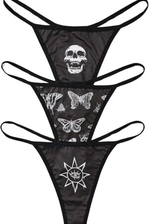 Women's 3 Piece Skull Butterfly Sun Print G String Thong Low Rise Sexy Panties