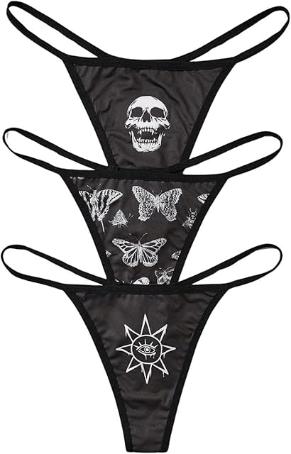 Women's 3 Piece Skull Butterfly Sun Print G String Thong Low Rise Sexy Panties