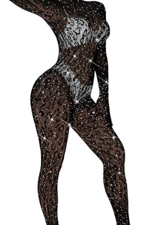 Women Sexy Lace Jumpsuit, Leopard Fishnet Bodysuit Dancer Glow Rave Outfits, One Piece Mesh Full Rhinestone Lingerie