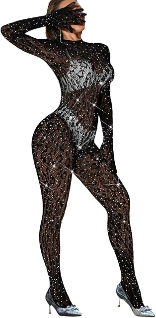 Women Sexy Lace Jumpsuit, Leopard Fishnet Bodysuit Dancer Glow Rave Outfits, One Piece Mesh Full Rhinestone Lingerie