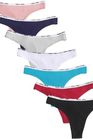 7 Pack Women's Sexy Mid-Rise V-String Thongs - Soft Cotton Breathable Underwear with Lettered Waistband