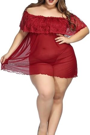Women's Plus Size Babydoll Lingerie Sexy Lace Mesh Chemise Nightgown Short Sleeve Erotic Pajama Dress with Thongs