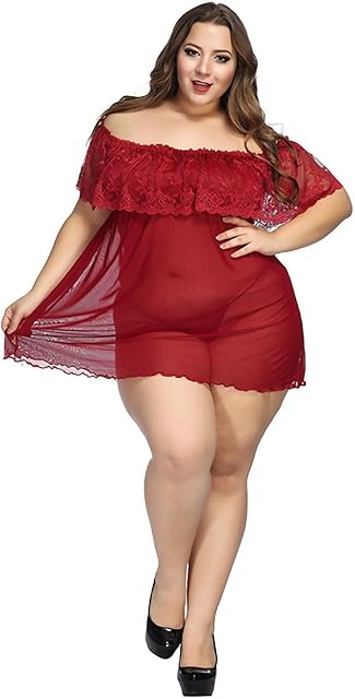 Women's Plus Size Babydoll Lingerie Sexy Lace Mesh Chemise Nightgown Short Sleeve Erotic Pajama Dress with Thongs