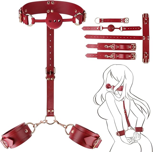 BDSM Adult Bondage, Restrictive Play Beginner Bondage Gear for Male Female Couples with Gag Handcuffs Collar Adjustable Bondage Gear Accessories Role Playing Sexy Toys for Couples