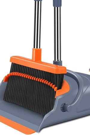kelamayi Upgrade Broom and Dustpan Set, Self-Cleaning with Dustpan Teeth, Indoor&Outdoor Sweeping, Ideal for Dog Cat Pets Home Use, Stand Up Broom and Dustpan (Gray&Orange)