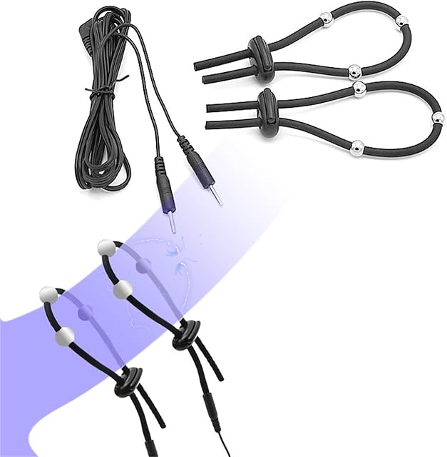 2PCS Adjustable Stretch Penis Ring Electric Shock Cock Ring with Beads Set Male Exercise Bondage Fun Sex Toys