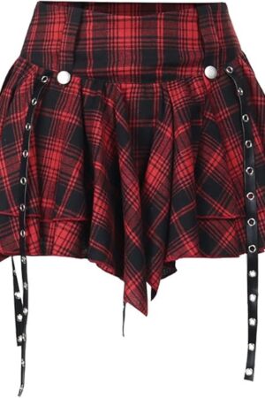 Goth Skirt Gothic Plaid Pleated Skirts Sexy High Waist Punk Skirt for Women Grunge Mini Red Skater Skirts
