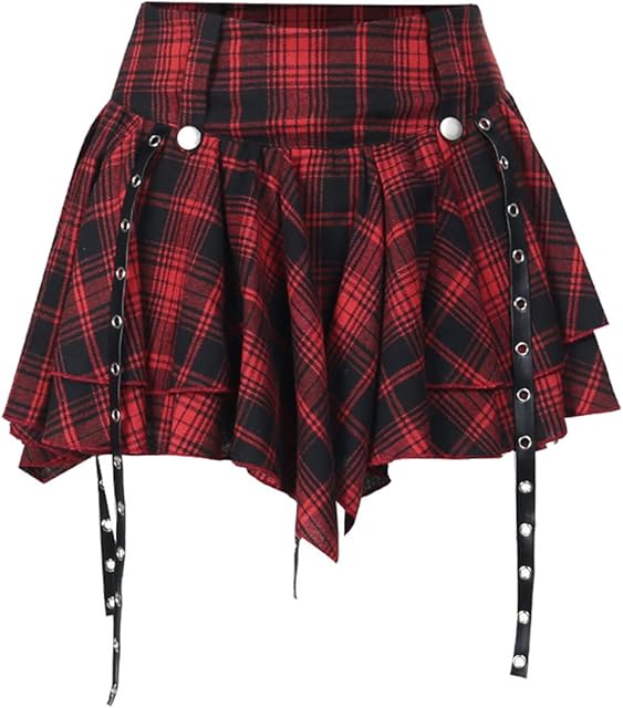 Goth Skirt Gothic Plaid Pleated Skirts Sexy High Waist Punk Skirt for Women Grunge Mini Red Skater Skirts
