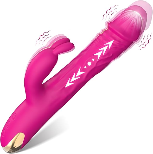 G Spot Vibrator Adult Sex Toys, Rabbit Thrusting with Vibrating Ears, Dildo Vibrators Silicone Realistic Vibradores, 3 in 1Vibrators with 5 Thrusting 10 Vibrations Modes Female Couples Pink