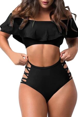 Women's Ruffled Off Shoulder Sexy Tight Solid Color Split Swimwear Swimsuit Beachwear Set Plus Size Tankini top