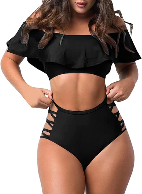 Women's Ruffled Off Shoulder Sexy Tight Solid Color Split Swimwear Swimsuit Beachwear Set Plus Size Tankini top