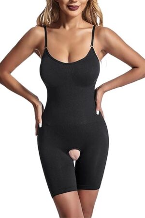 Women Bodysuit Shorts Sleeveless Solid Color Butt Lifting Breast Supporting Open Crotch Shaping Seamless Body Tight Shapewear