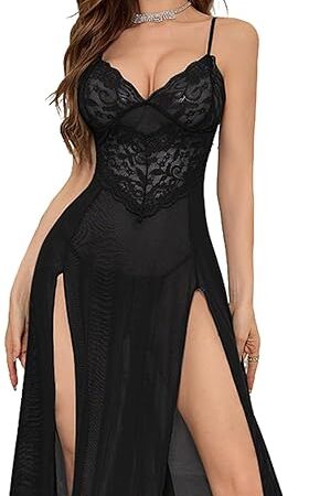 Women Sexy Lingerie Lace Floral Sheer Chemise Split Mesh Babydoll Deep V Nightwear Long Dress with Thong