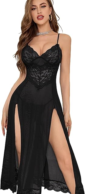 Women Sexy Lingerie Lace Floral Sheer Chemise Split Mesh Babydoll Deep V Nightwear Long Dress with Thong