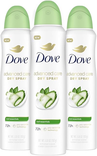 Dove Advanced Care Antiperspirant Deodorant Dry Spray Cool Essentials 3 Count Antiperspirant deodorant for helping your skin barrier repair after shaving With Pro Ceramide Technology 38 oz