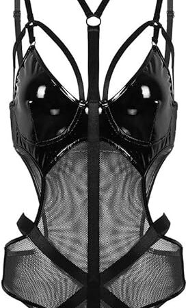 Womens Wet Look Lingerie Leather Bodysuit Mesh Patchwork Halter Neck High Cut Leotard Bodysuit Clubwear