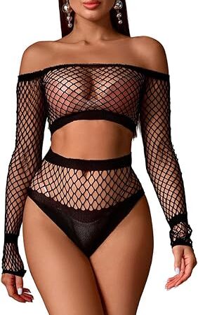 Women's Cut-Out Fishnet Lingerie Set Sexy Top with Bottoms See Through Shirts Long Sleeve Party Costume Set