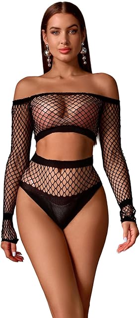 Women's Cut-Out Fishnet Lingerie Set Sexy Top with Bottoms See Through Shirts Long Sleeve Party Costume Set