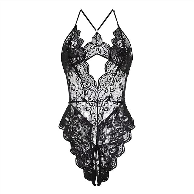Women's One Piece Lingerie Bodysuit Deep V Teddy Mini Babydoll Black