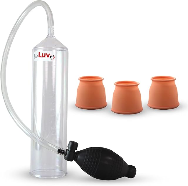 LeLuv Easyop 2.25 Inch by 9 Inch Cylinder Penis Pump Black Bgrip Ball Handle Clear Graduated Cylinder/Clear Collapse-Resistant Hose + 3 Silicone Medium Sleeves