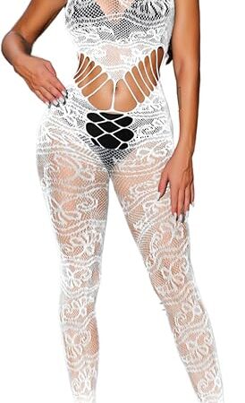 Fishnet Bodysuit For Women,Sheer Floral Lace Mesh Cutout Sexy Jumpsuit,Nightclub Exotic Dancewear Rave Outfits