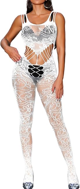 Fishnet Bodysuit For Women,Sheer Floral Lace Mesh Cutout Sexy Jumpsuit,Nightclub Exotic Dancewear Rave Outfits