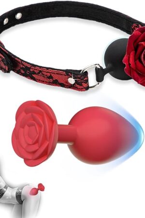 2 Pack Sexy Rose Ball Mouth Gag & Silicone Anal Butt Plugs Stimulation Anal Training Set Adjutable Leahter BDSM Strap Sex Toys for Women Female Adult Couples SM Games Foreplay Set of 2