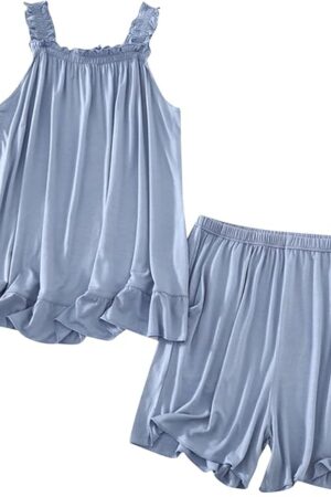 Womens Summer Pajama Sets Ruffle Sleeveless Tank Tops and Shorts Sleepwear 2 Piece Pjs Loungewear Soft Modal Pyjamas