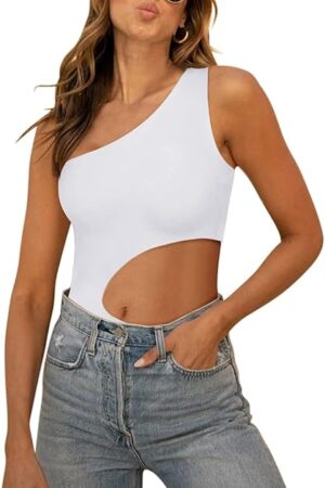 Womens Sexy One Shoulder Cutout Waist Double Lined Sleeveless Going Out Tank Top Bodysuits