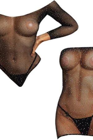 2Pcs Women's Fishnet Lingerie Sparkly Rhinestone Bodysuit Sexy Long Sleeve Teddy Lingerie Mesh Chemise