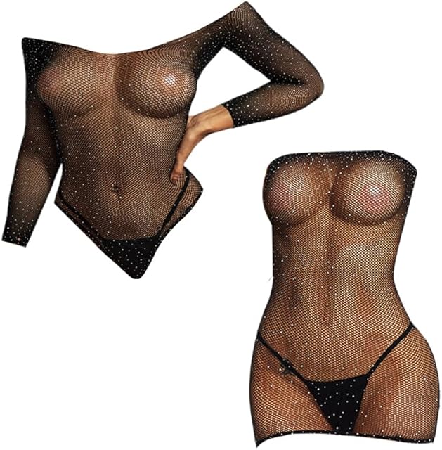 2Pcs Women's Fishnet Lingerie Sparkly Rhinestone Bodysuit Sexy Long Sleeve Teddy Lingerie Mesh Chemise