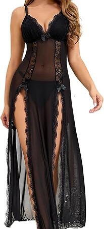 Women Lingerie Sexy Babydoll Nightgowns Lace V Neck Nightdress Split Long Slip Chemise Sleepwear S-2XL
