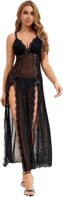 Women Lingerie Sexy Babydoll Nightgowns Lace V Neck Nightdress Split Long Slip Chemise Sleepwear S-2XL