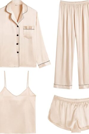 Women Satin Pajamas 4pcs Pajama Set Sexy Cami Shorts Set and Button Down Long Sleeve Pjs Loungewear Sleepwear