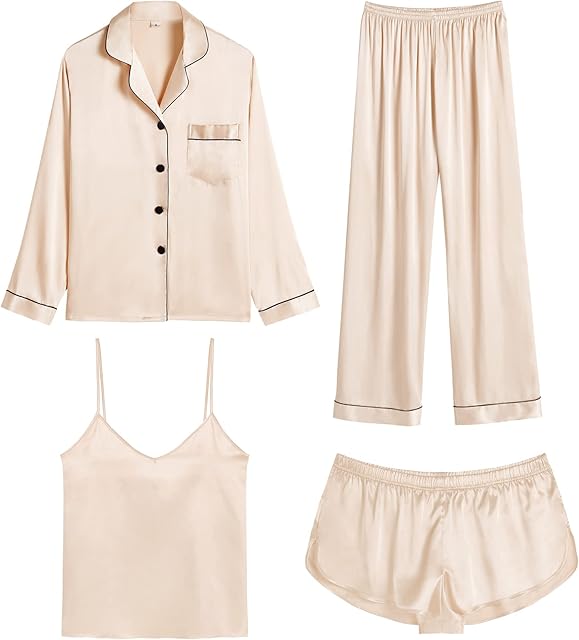 Women Satin Pajamas 4pcs Pajama Set Sexy Cami Shorts Set and Button Down Long Sleeve Pjs Loungewear Sleepwear