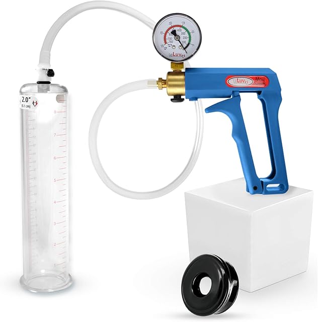 LeLuv Penis Pump Maxi Blue Handle Installed Gauge - Bundle with Clear Hose, Vacuum Seal - 9 inch Length x 2 inch Diameter Cylinder